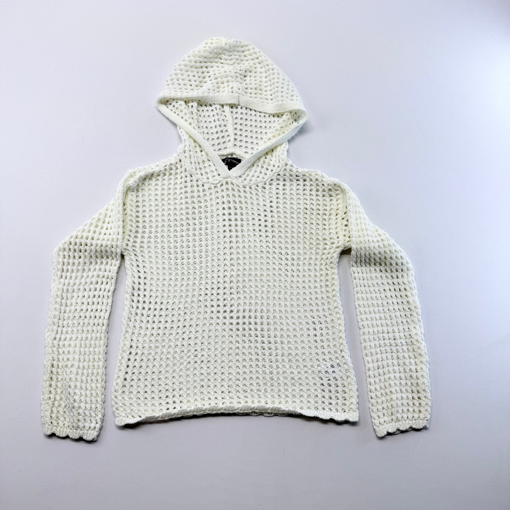 Art Class Girls XL 14 Cream Crochet Open Knit Long Sleeve Hooded Sweater Top